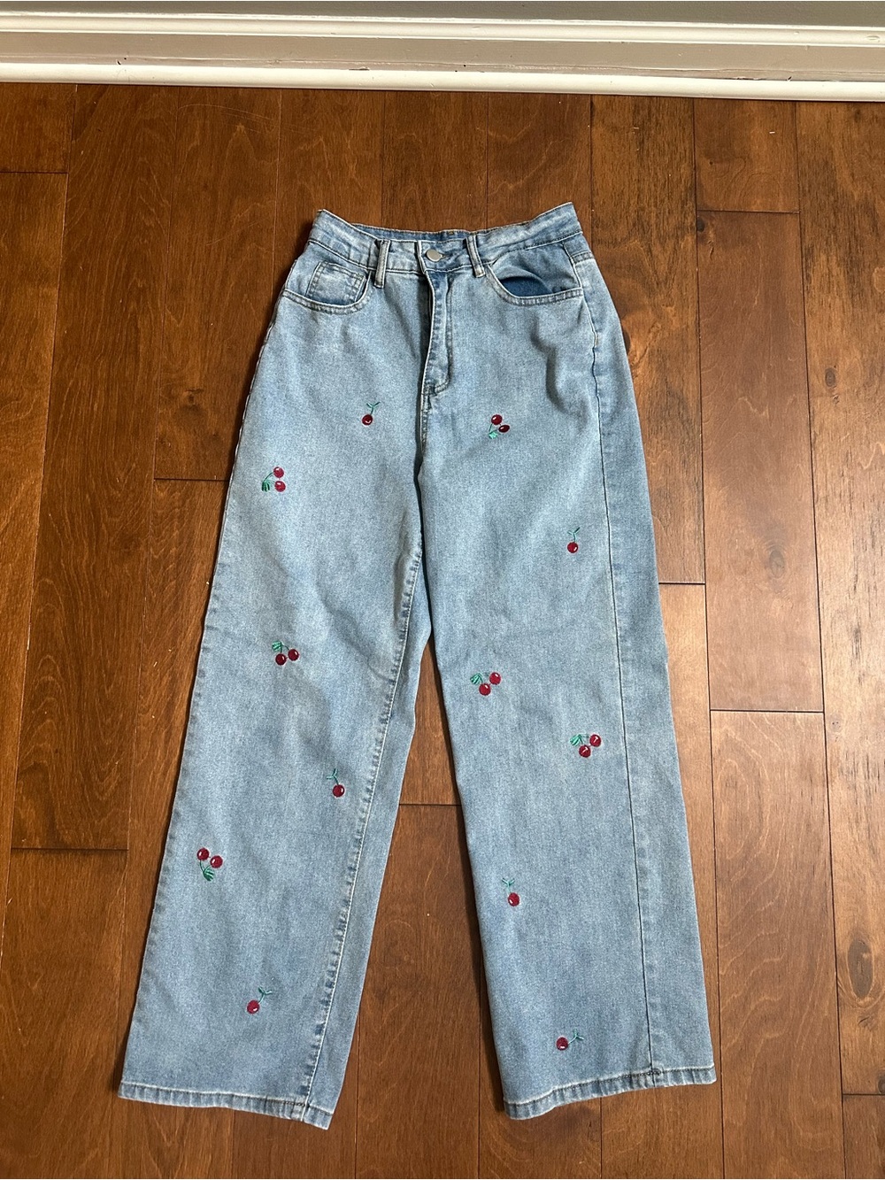 Amazon Light Blue Denim Wide Leg Jeans with Red Cherry Embroidery